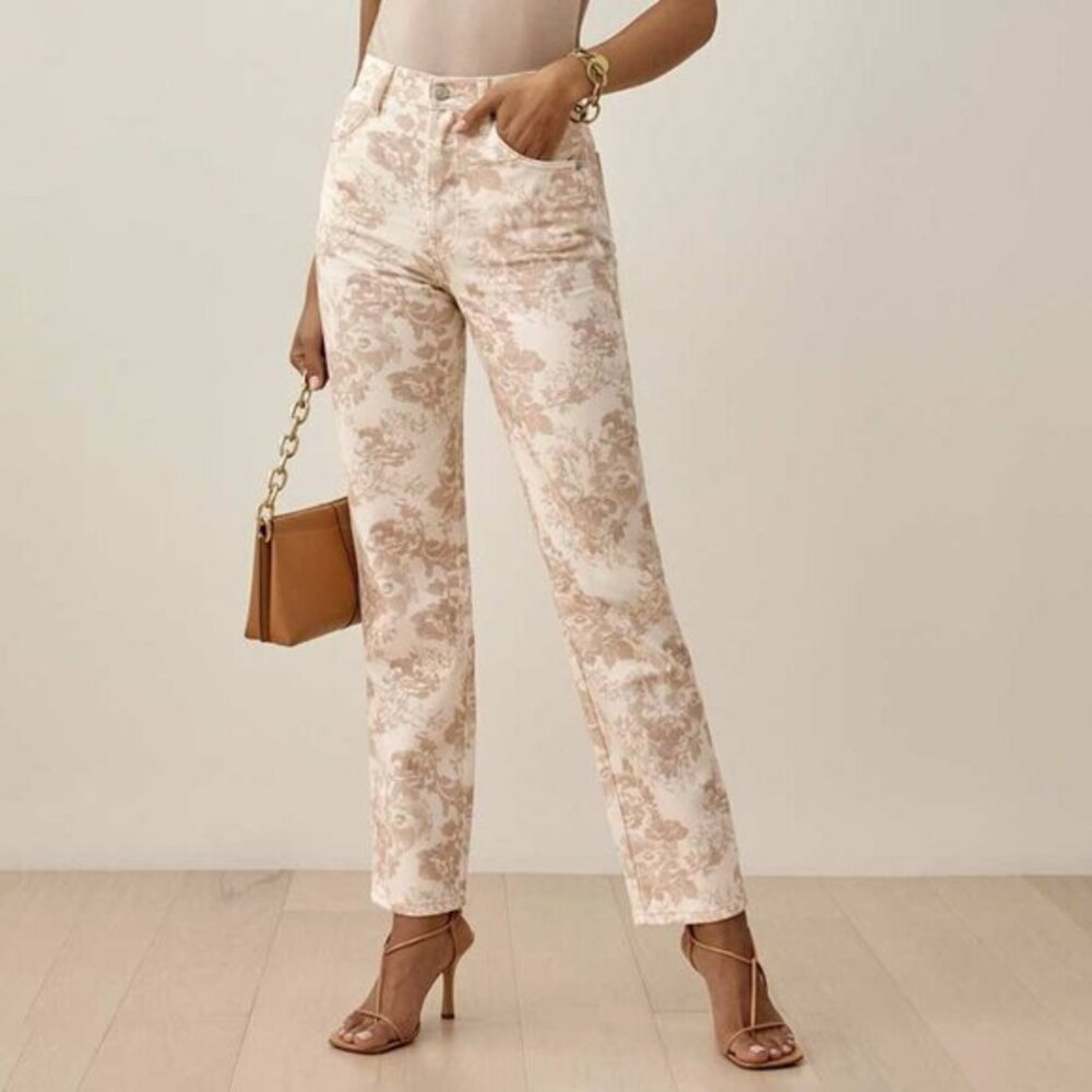 Reformation Cream and Tan Floral Straight-Leg Jeans